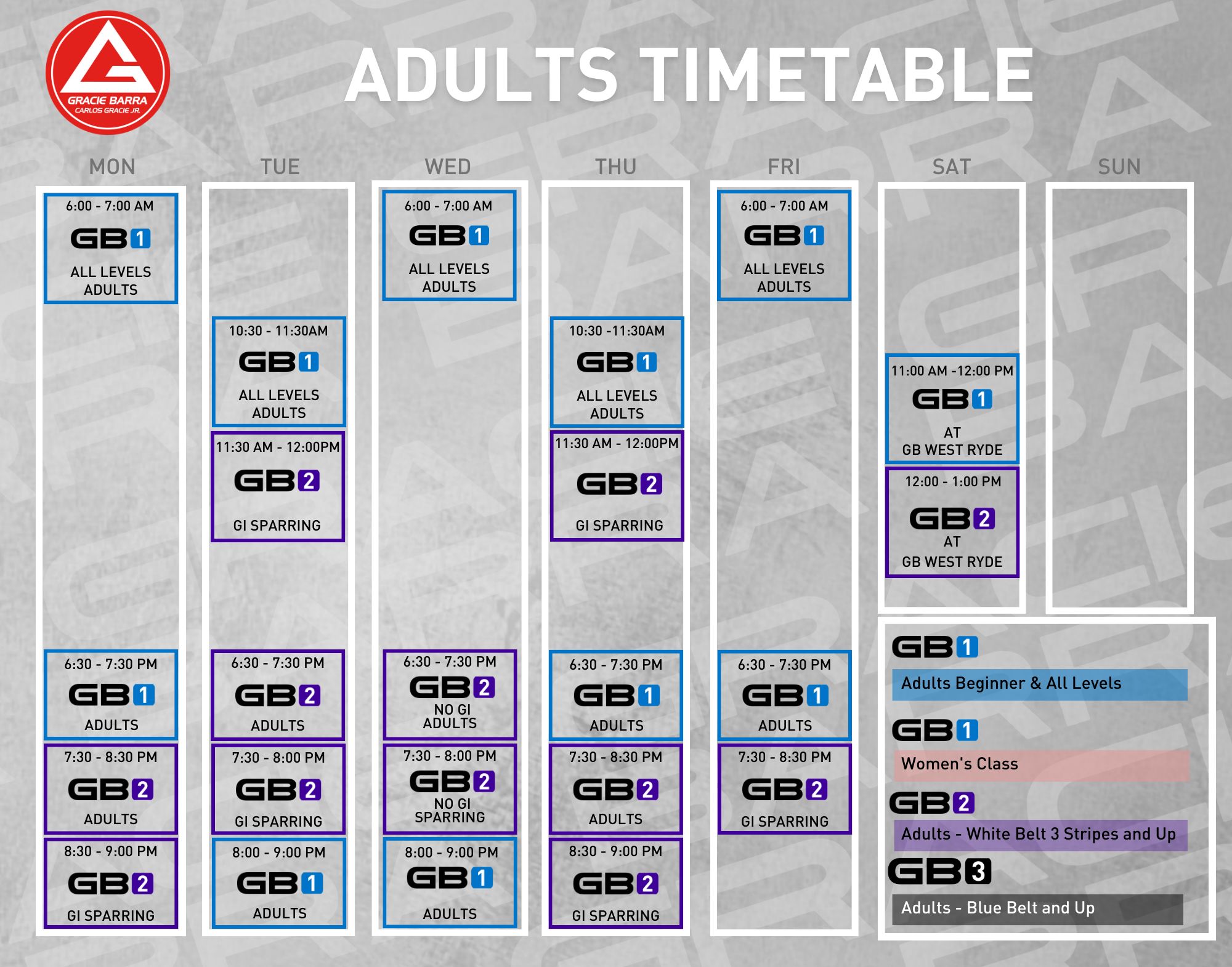 Adults Timetable