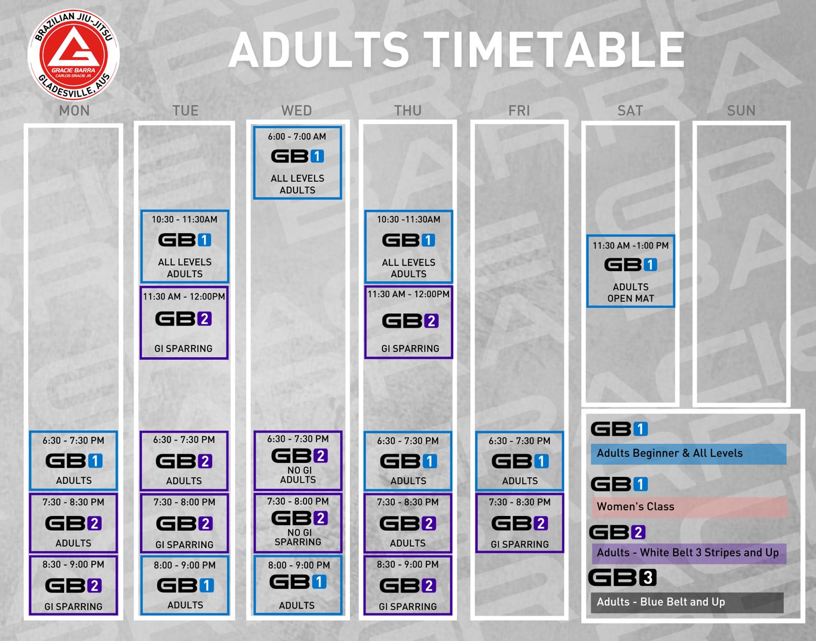 Adults Timetable